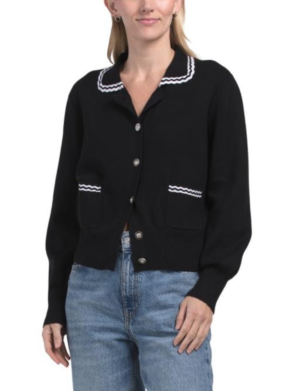 METRIC KNITS Button Front Long Sleeve Contrast Cardigan